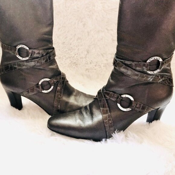 Brighton Heeled Boots 7.5 Risque Leather Mid-Calf Alligator Pewter Silver - Picture 3 of 11